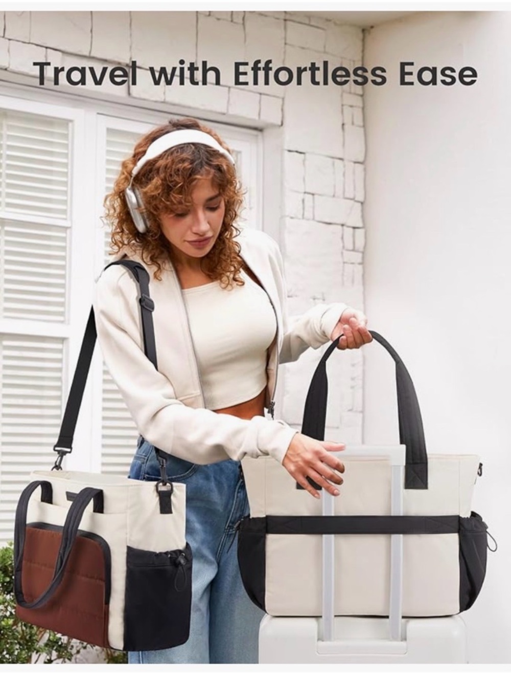 Versatile Olive & Cream Everyday Tote with Removable Pouch - Picture 3 of 7